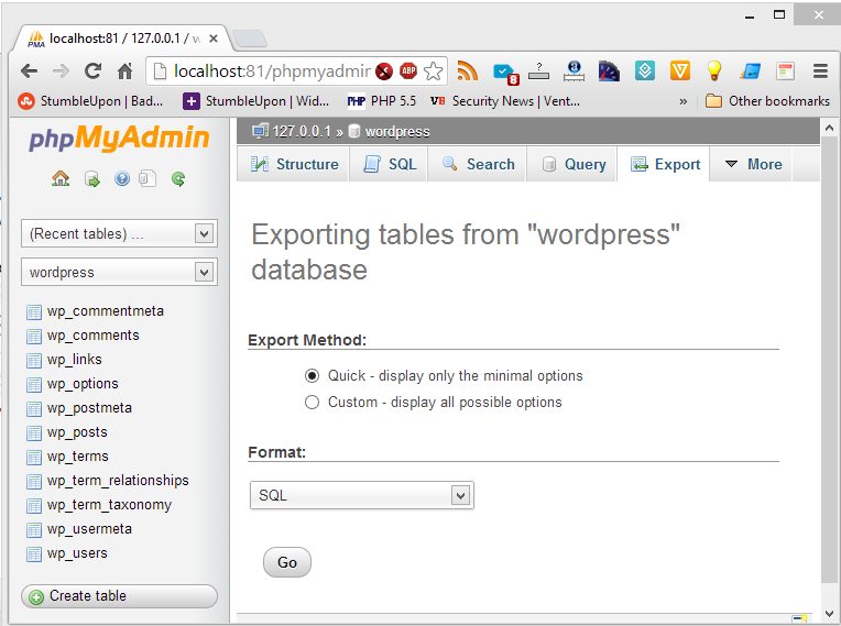 Export the wordpress Database as SQL file